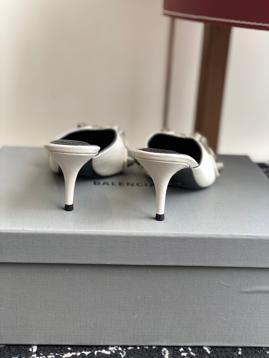 Balenciaga white heeled sandals back view with pointed toe and heel