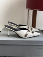 Balenciaga white heeled mule sandals with buckle strap detail