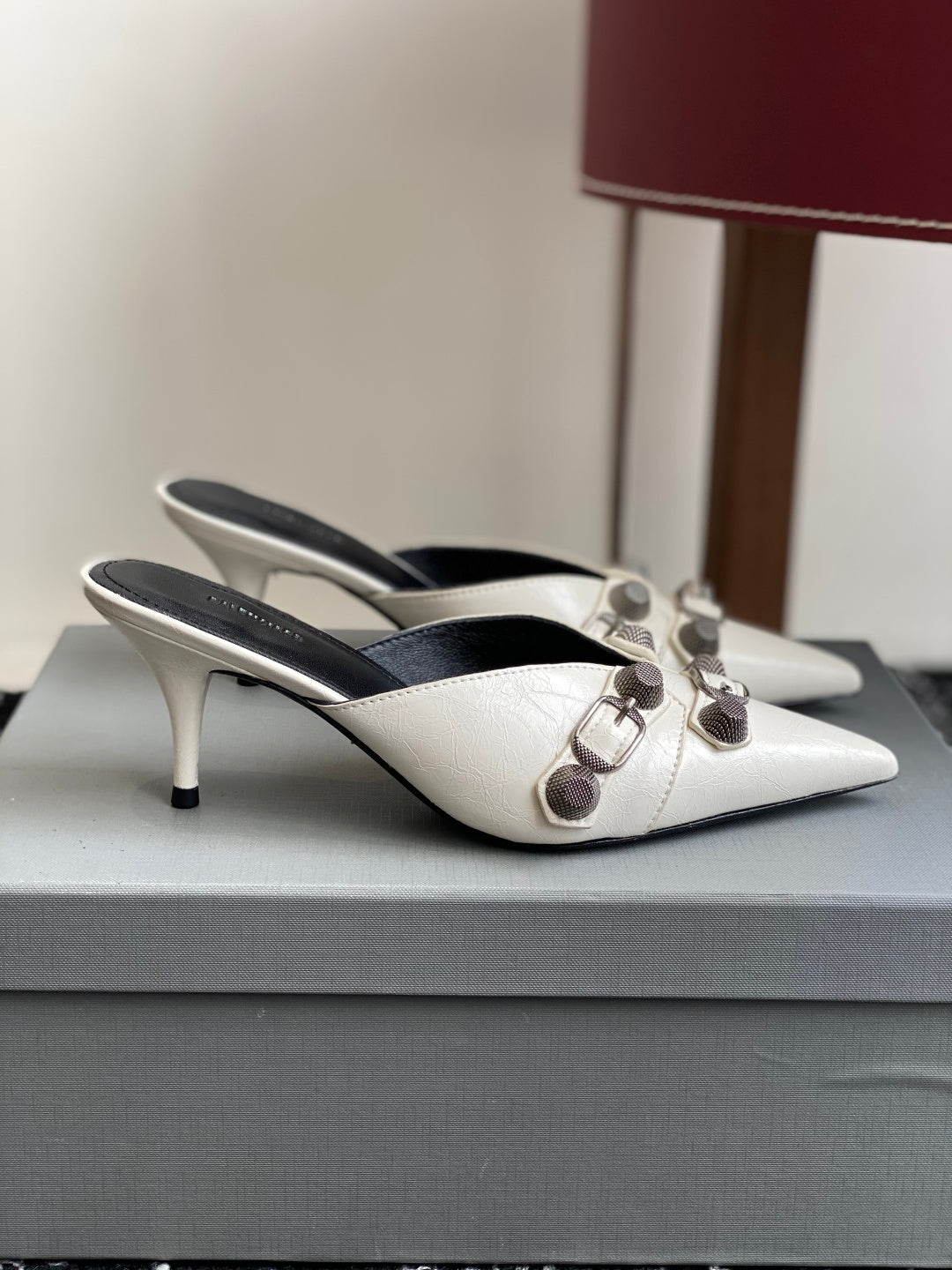 Balenciaga white heeled mule sandals with buckle strap detail