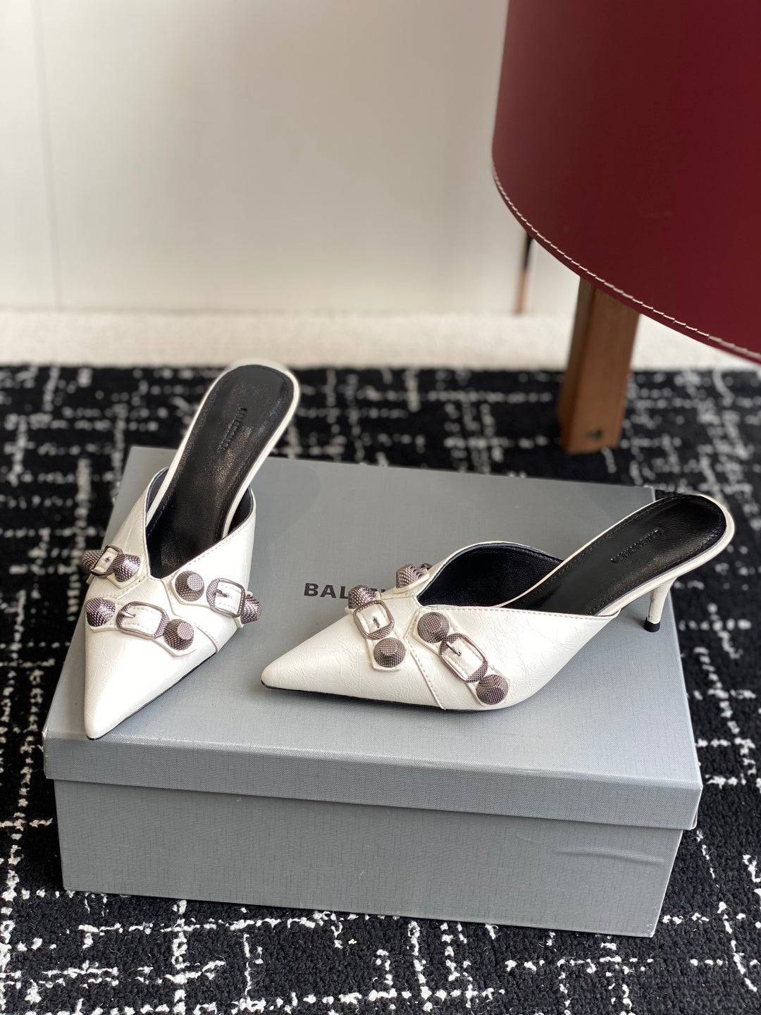 Balenciaga white pointed-toe heeled sandals with decorative buckle straps