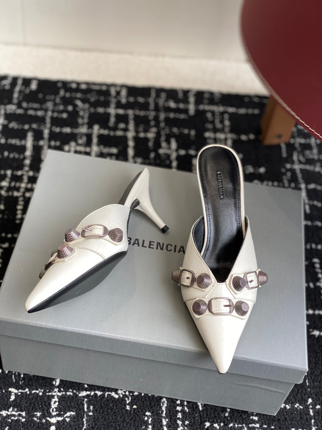 Balenciaga white heeled sandals with buckle straps on pointed toe