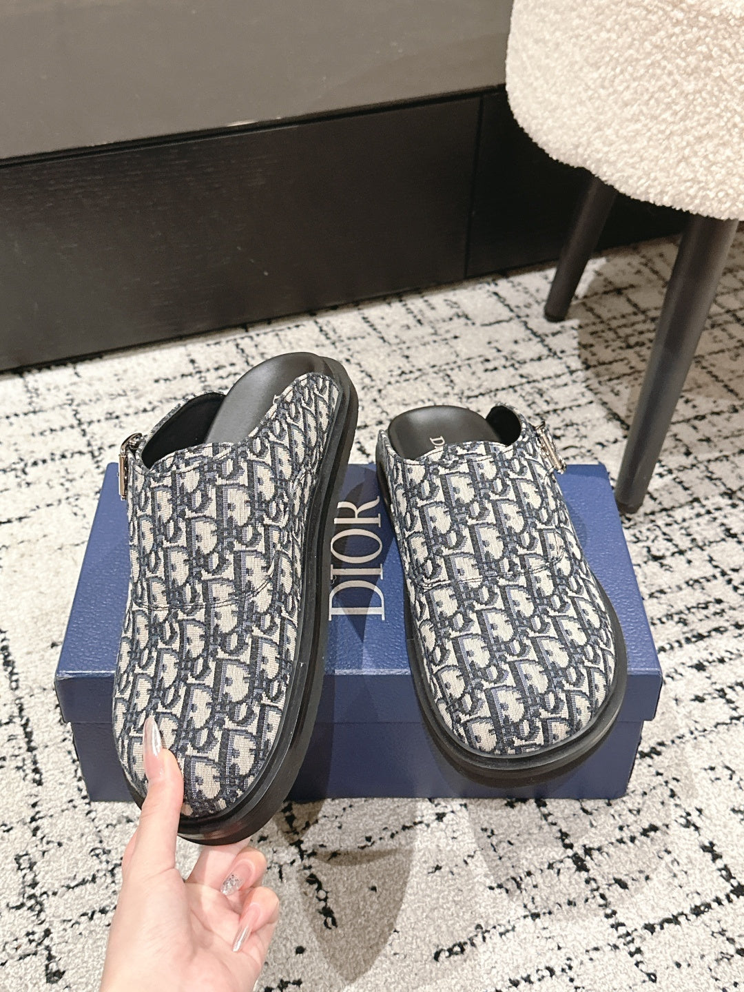 Dior slide sandals, Oblique logo canvas, black molded sole and side openings