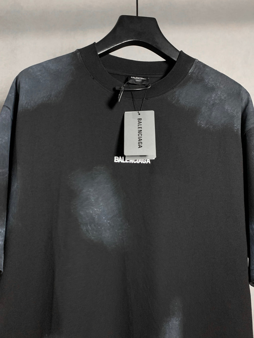 Balenciaga dark short-sleeve T-shirt with neck tag and small chest logo