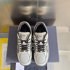 Dior unisex sneakers front view with white uppers, gray laces, and logo tongue patch