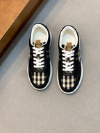 Burberry lace-up sneakers, black with check panel, white laces and white rubber sole