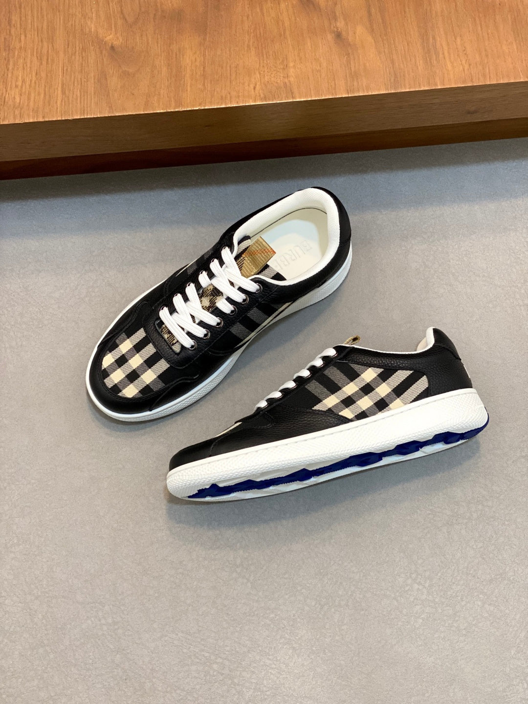 Burberry lace-up sneakers, black canvas with check stripe, white laces, white sole