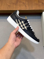 Burberry low-top sneakers, navy leather with white check panel and white rubber sole