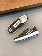 Burberry luxury sneakers set, olive green uppers with check band and white laces
