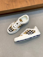 Burberry low-top sneakers set, white with black-and-brown check panels and laces