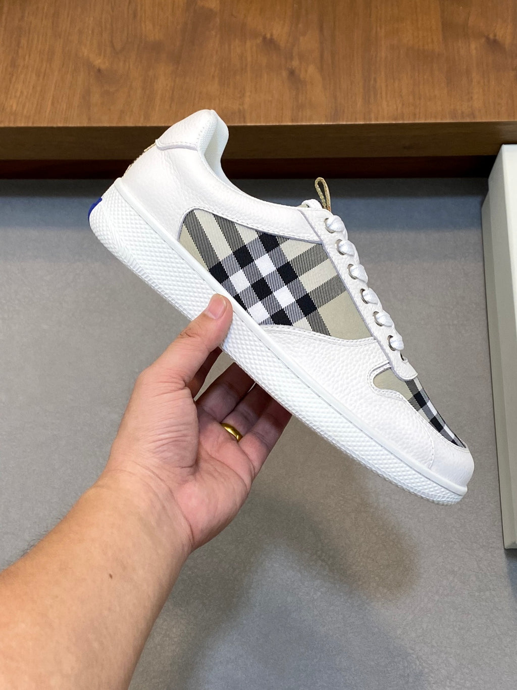 Burberry low-top sneakers, white with black check side stripe and white laces