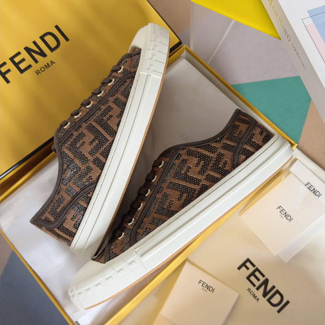 Fendi unisex side-profile sneakers, brown FF monogram knit, white rubber sole.