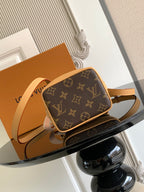 Louis Vuitton monogram crossbody bag with tan trim and adjustable strap