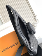 Louis Vuitton bag side view with zipper opening, dark embossed monogram, crossbody strap
