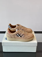 Sneakers with Burberry check panels, beige leather uppers and lace-up front