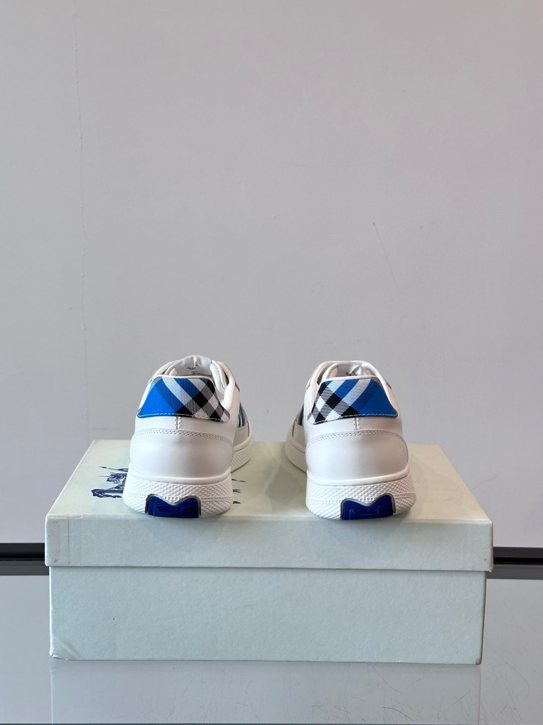 Burberry low-top sneakers, white with blue check heel tab and lace-up