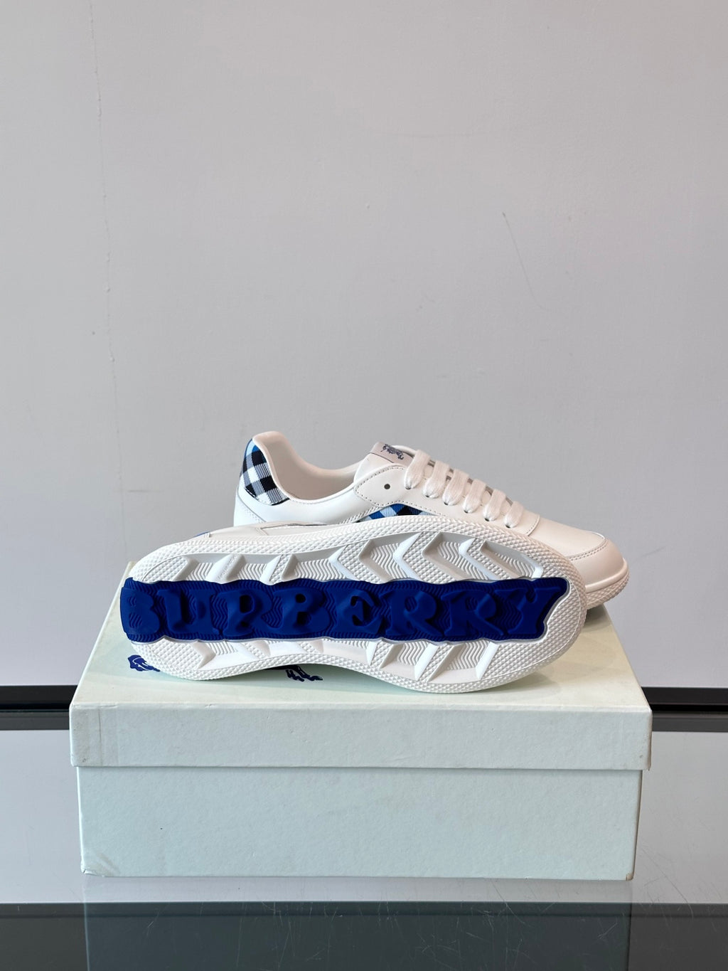 Burberry low-top sneakers, white with blue tread outsole and lace-up