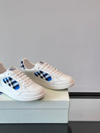 Burberry low-top sneakers, white with blue plaid quarter panels and lace-up