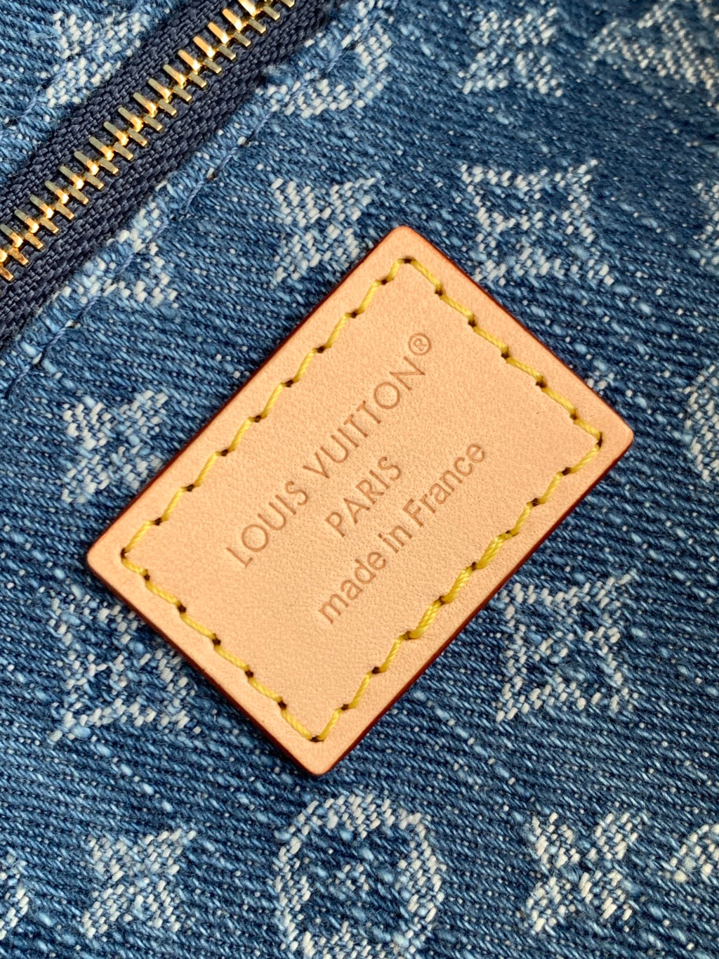 Louis Vuitton denim tote bag leather logo patch reading made in France