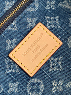 Louis Vuitton denim tote bag leather logo patch reading made in France