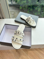 Balenciaga women's slide sandals, light cream, with metal buckle straps