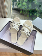 Balenciaga women's slide sandals, light cream, adjustable strap buckles