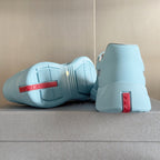 Prada unisex sneakers heel and outsole, light blue uppers with beige panels and treaded sole