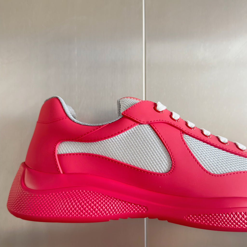 Prada unisex sneakers bright pink with gray mesh inserts and white lace-up