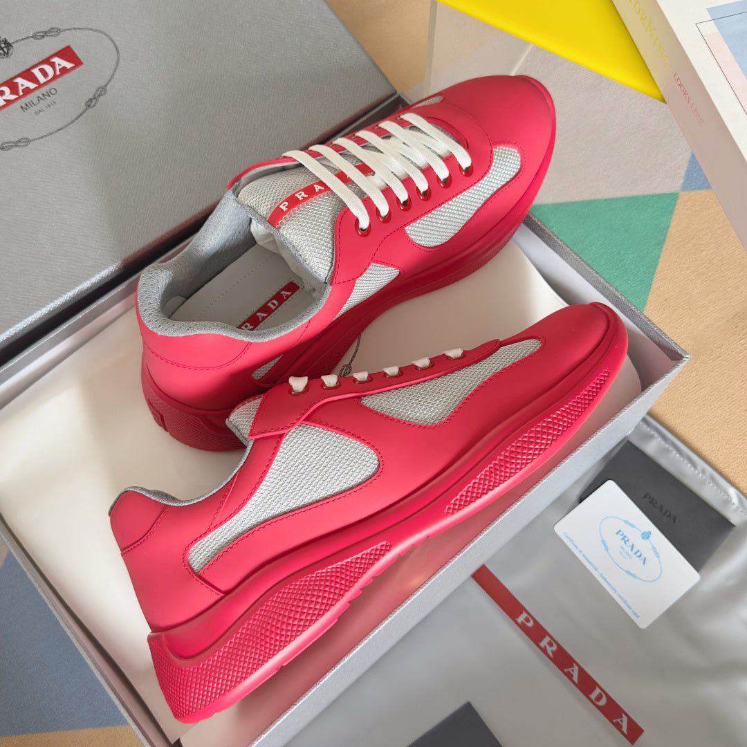 Prada unisex sneakers bright pink with gray panels and white lace-up