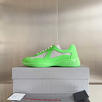 Prada unisex sneakers, neon green with gray mesh tongue and white lace-up