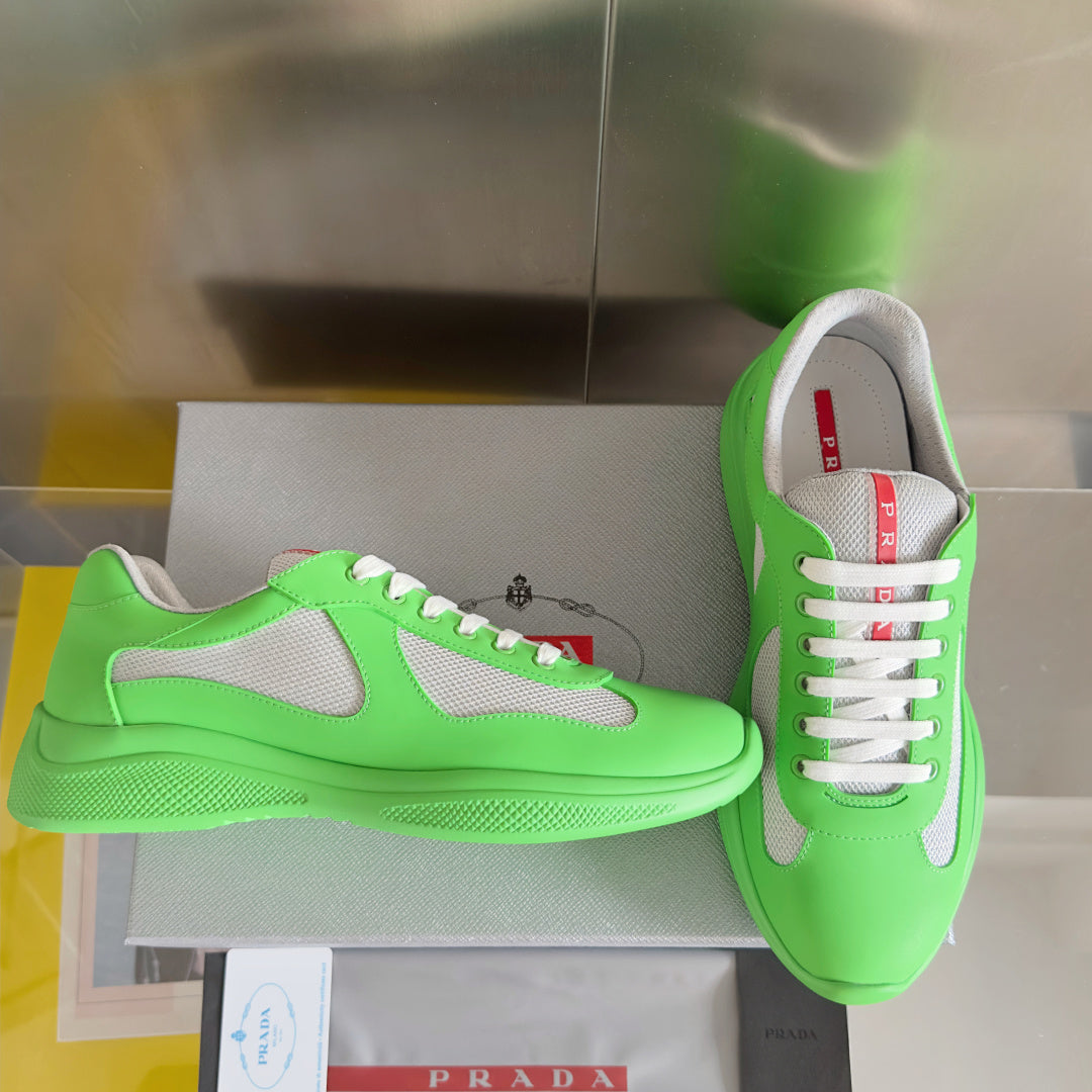 Prada unisex low-top sneakers, neon green with gray inserts and white lace-up