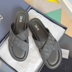 Dior slide sandals with gray monogram cross straps and cushioned footbed