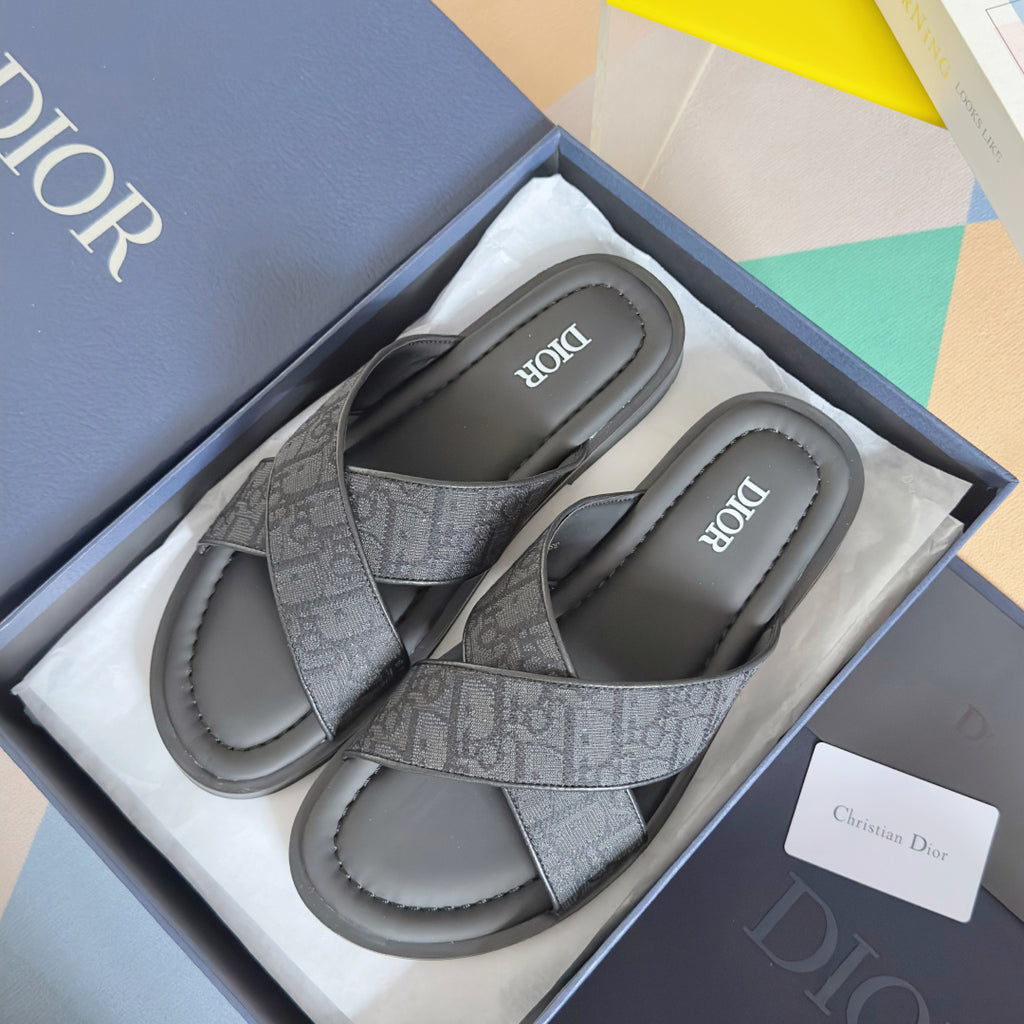 Dior slide sandals with two-tone gray monogram straps and dark footbed