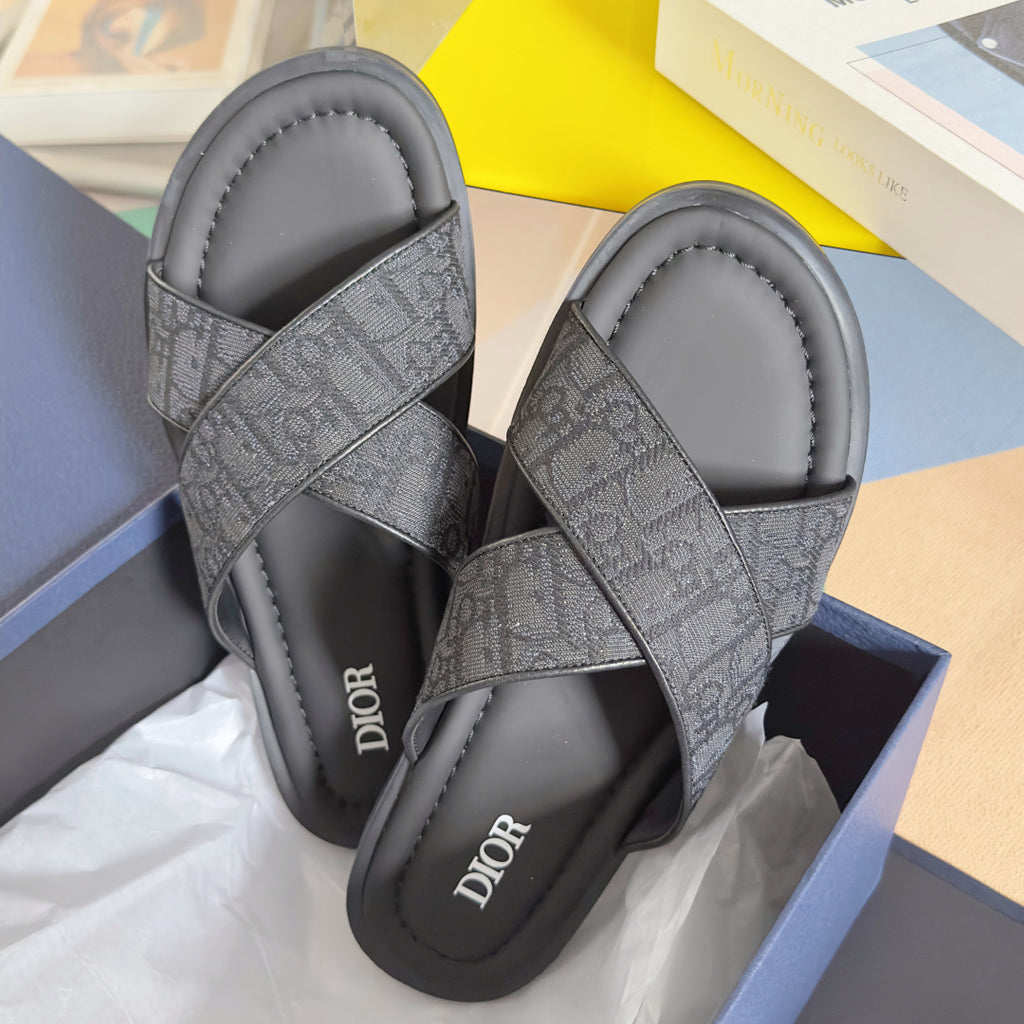 Dior slide sandals with cross-over gray monogram straps and padded lining