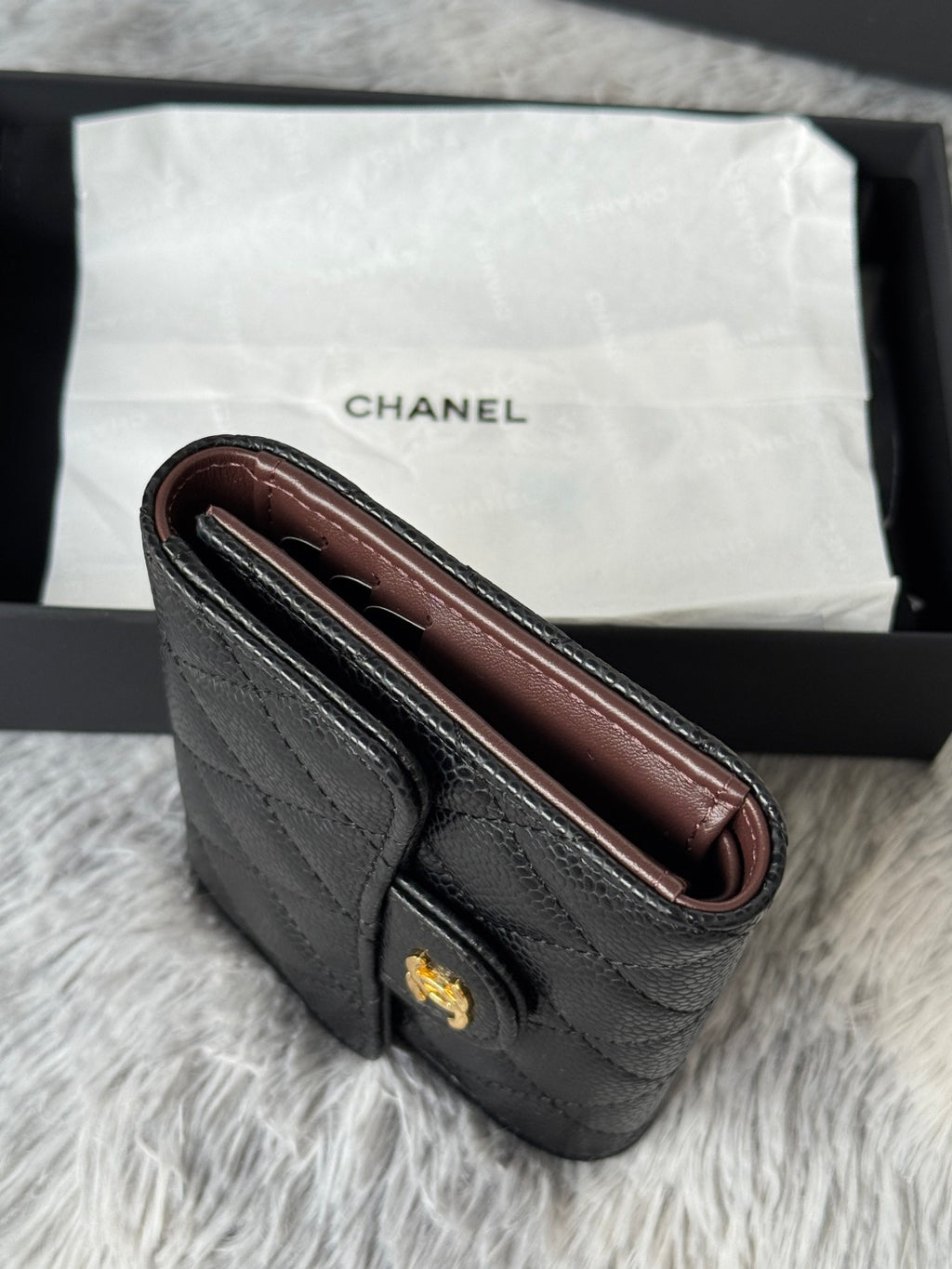 CHANEL small black card holder wallet with brown inner lining and gold logo