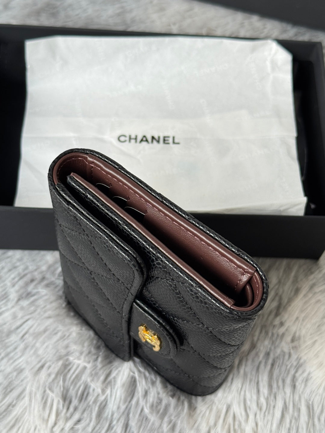 CHANEL small black card holder wallet with brown inner lining and gold logo