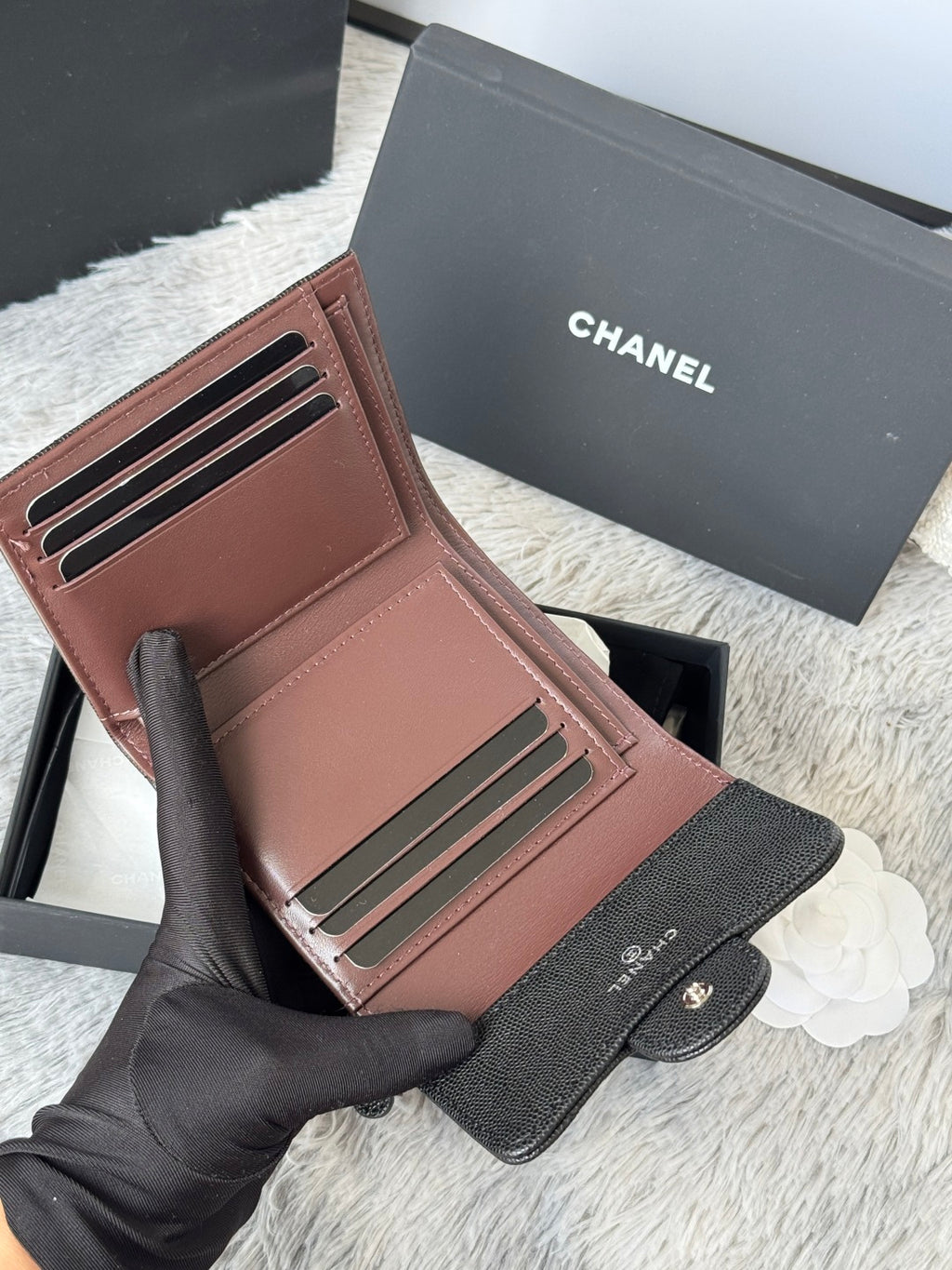 Brown and black Chanel small card holder wallet with multiple card slots