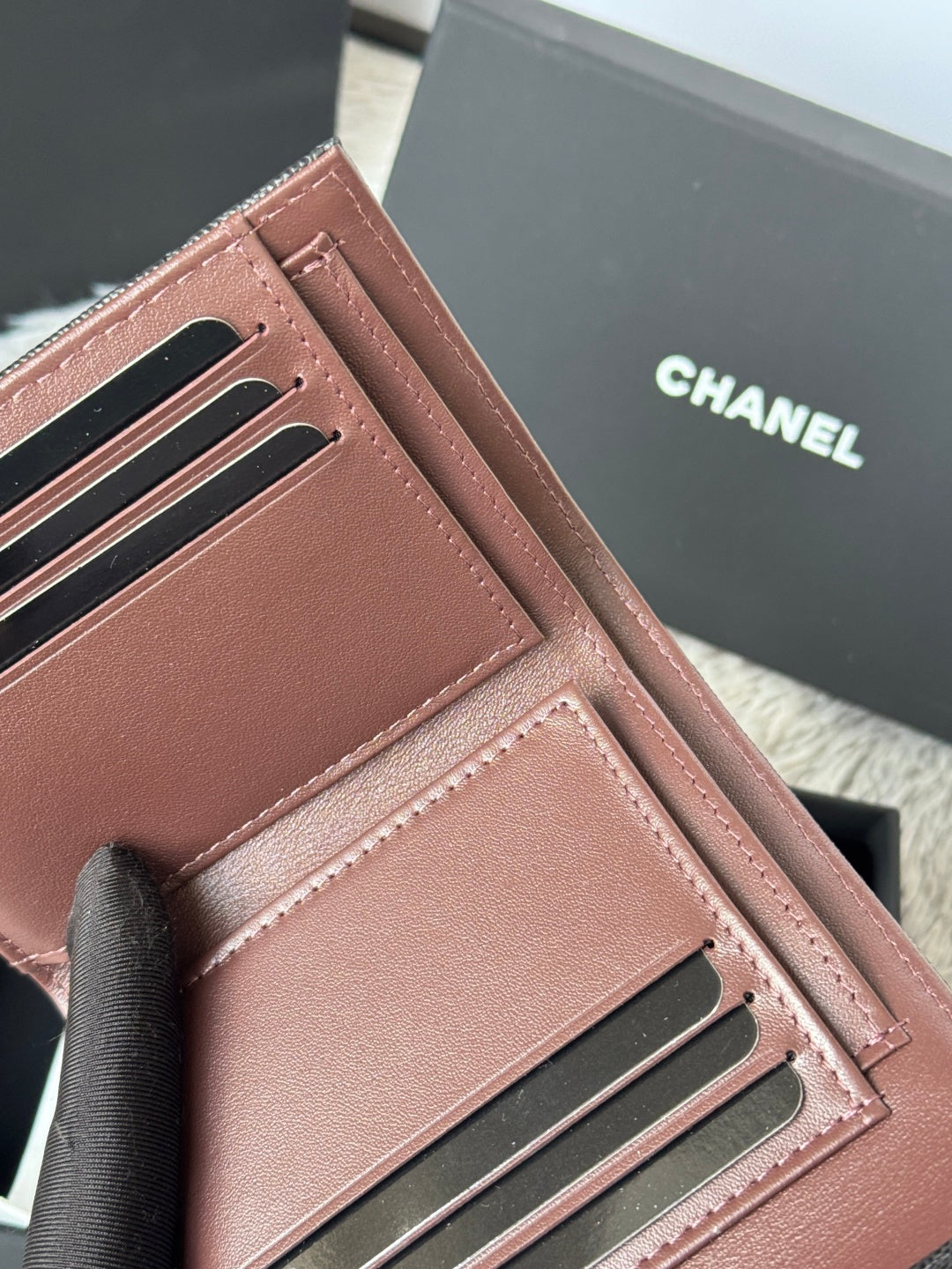 Small Bags card holder wallet with CHANEL logo, pinkish-brown leather, multiple card slots