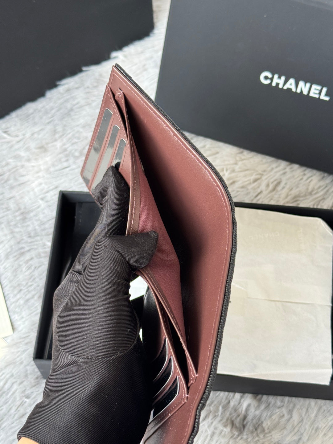 Small Bags small leather wallet, pinkish-brown, CHANEL logo, open side view with card slots