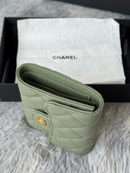 Small light green leather crossbody-style bag with gold-tone CHANEL charm