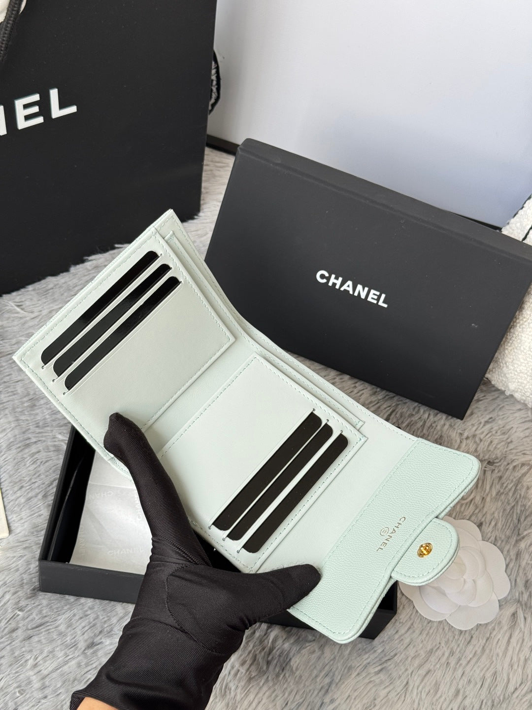 Mint leather small bag wallet style with card slots and gold-tone hardware