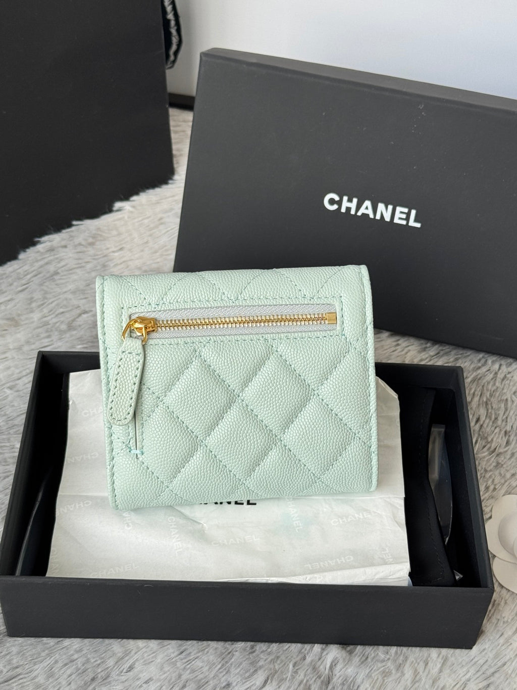 Mint quilted leather small bag with gold-tone zipper and flap front