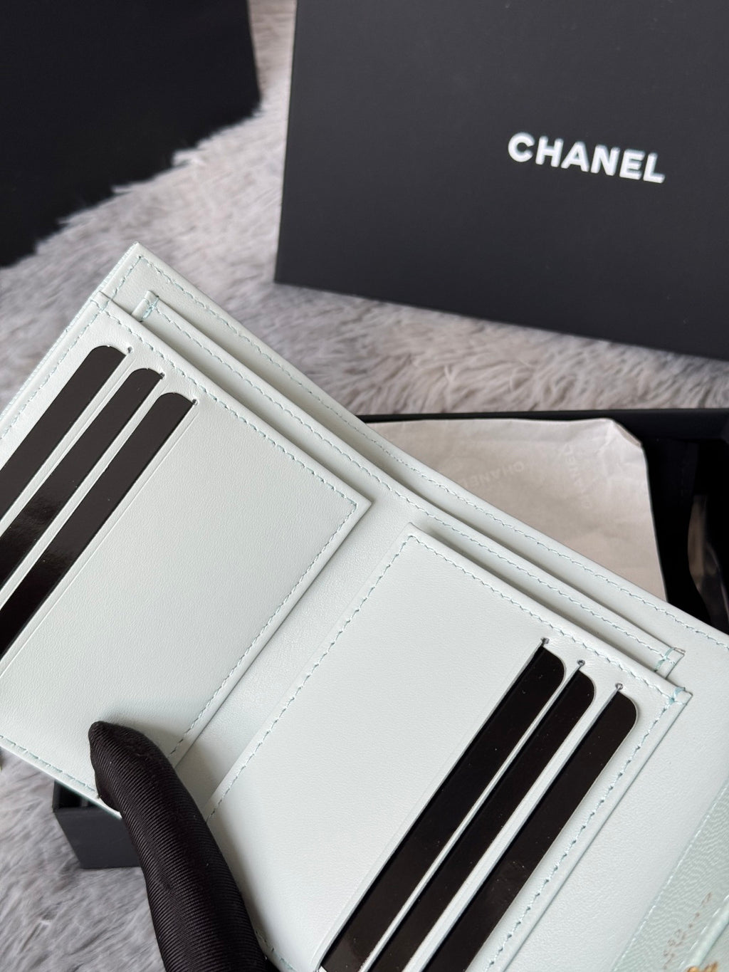 Light green small bag wallet with multiple card slots and black stripe detailing