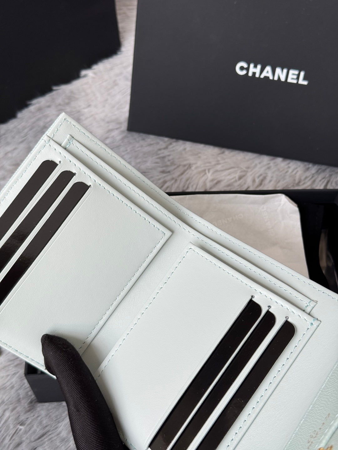 Light green small bag wallet with multiple card slots and black stripe detailing