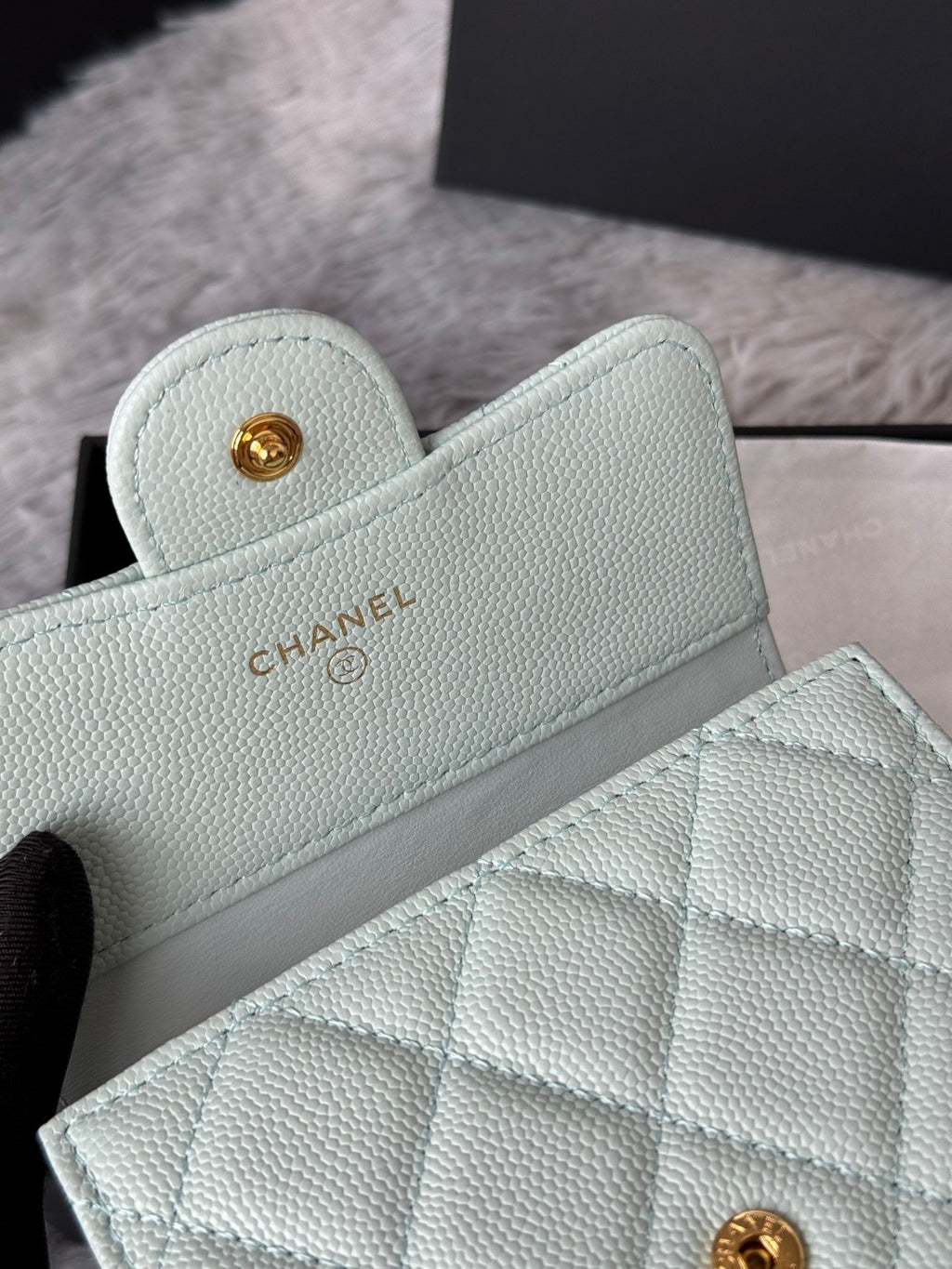 Mint quilted leather small bag with CHANEL logo on back panel