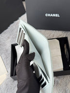 Light green small bag wallet open view with card slots and black stripe lining