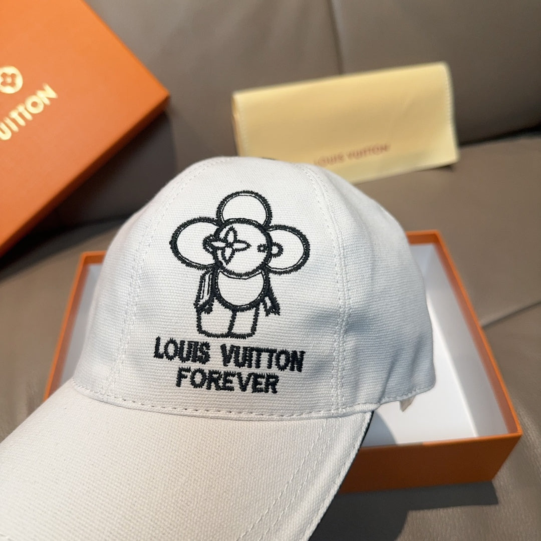 Louis Vuitton white cap with embroidered black flower and 'LOUIS VUITTON FOREVER'