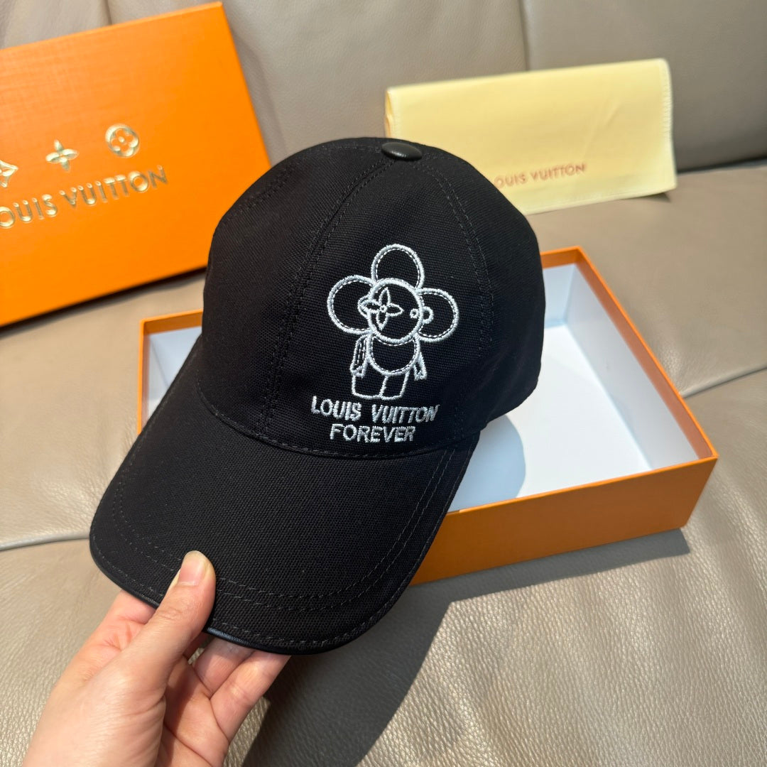 Louis Vuitton cap, black with embroidered Mickey-style flower logo and 'Louis Vuitton Forever'