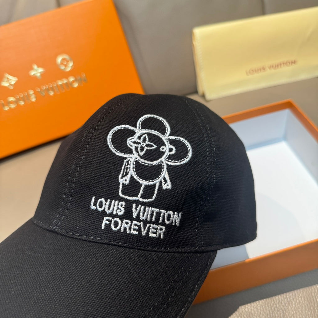 Louis Vuitton cap, black with embroidered Mickey-style flower logo and 'Louis Vuitton Forever'