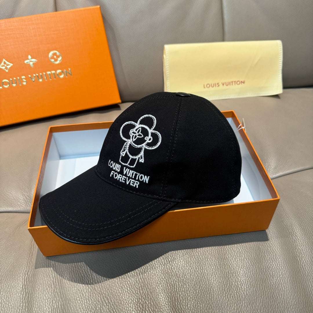 Louis Vuitton cap, black with embroidered Mickey-style flower logo and 'Forever' on front