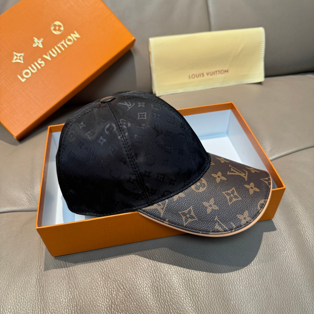 Louis Vuitton baseball cap with dark monogram crown and brown logo brim, curved shape.